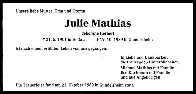 Herbert Julie 1901-1989 Todesanzeige